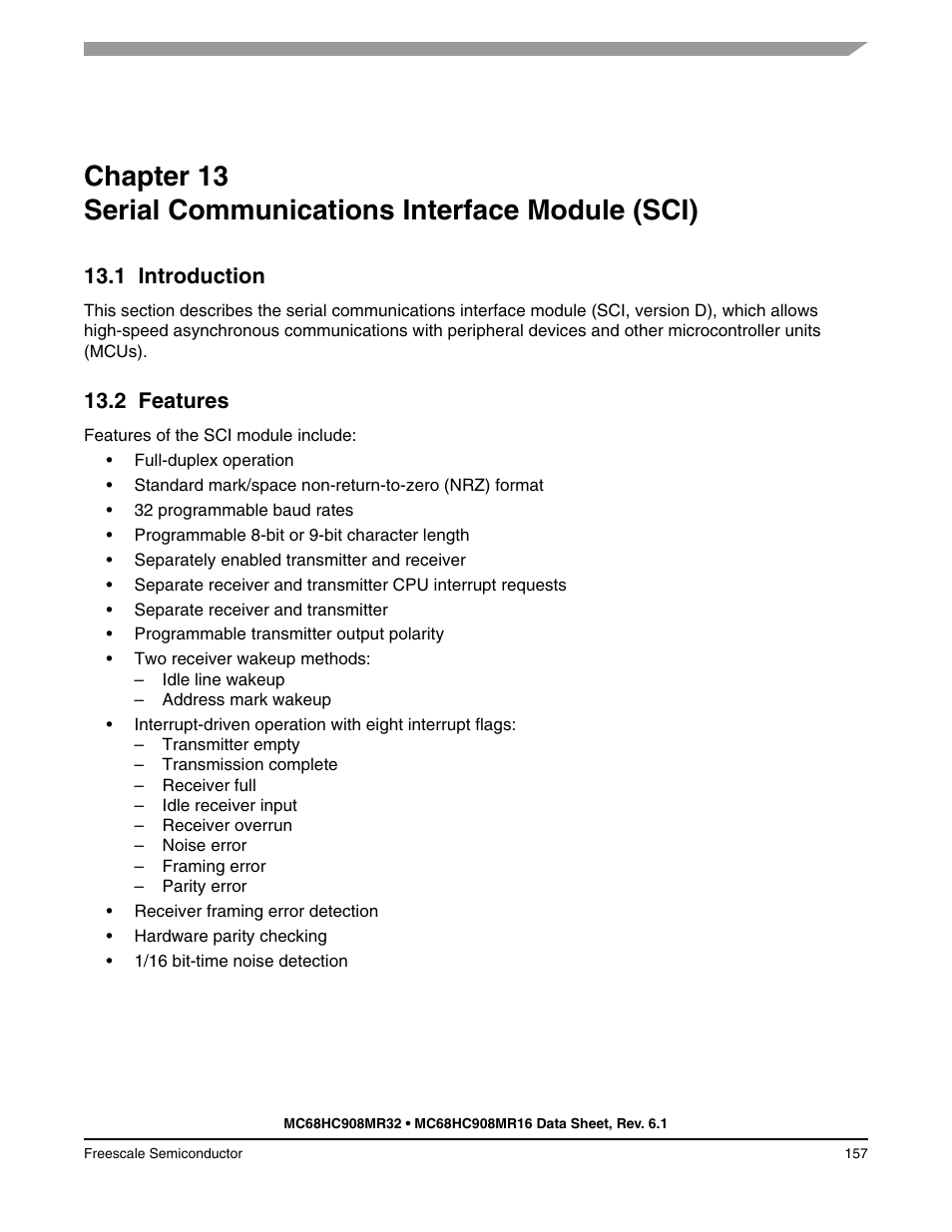 1 introduction, 2 features, Chapter 13 | Serial communications interface module (sci), Introduction, Features | Freescale Semiconductor MC68HC908MR32 User Manual | Page 157 / 282