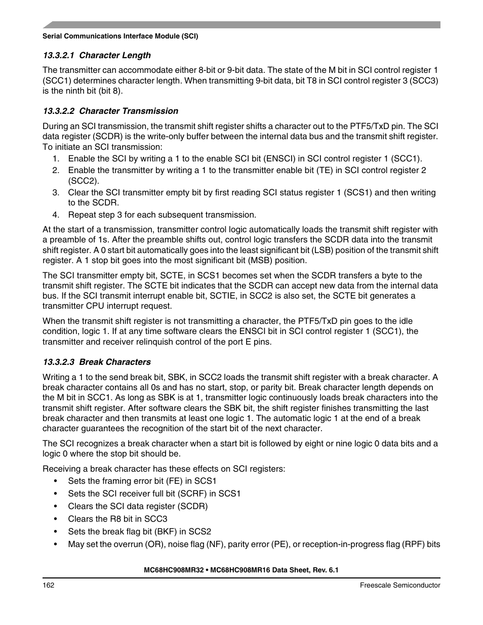 1 character length, 2 character transmission, 3 break characters | Character length, Character transmission, Break characters | Freescale Semiconductor MC68HC908MR32 User Manual | Page 162 / 282