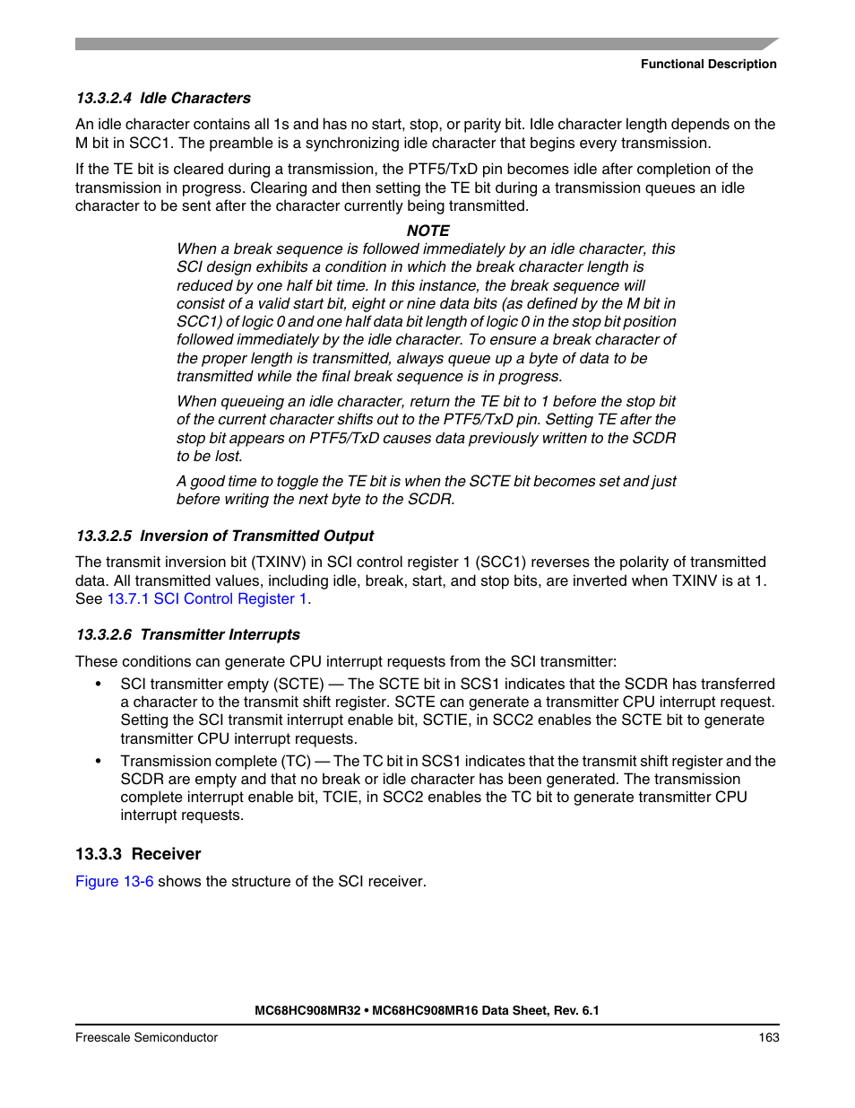 4 idle characters, 5 inversion of transmitted output, 6 transmitter interrupts | 3 receiver, Idle characters, Inversion of transmitted output, Transmitter interrupts, Receiver | Freescale Semiconductor MC68HC908MR32 User Manual | Page 163 / 282