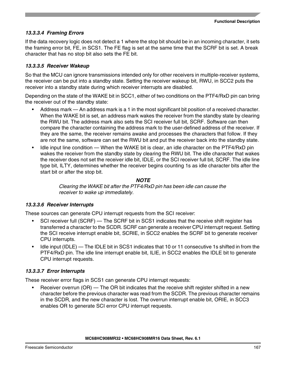 4 framing errors, 5 receiver wakeup, 6 receiver interrupts | 7 error interrupts, Framing errors, Receiver wakeup, Receiver interrupts, Error interrupts | Freescale Semiconductor MC68HC908MR32 User Manual | Page 167 / 282