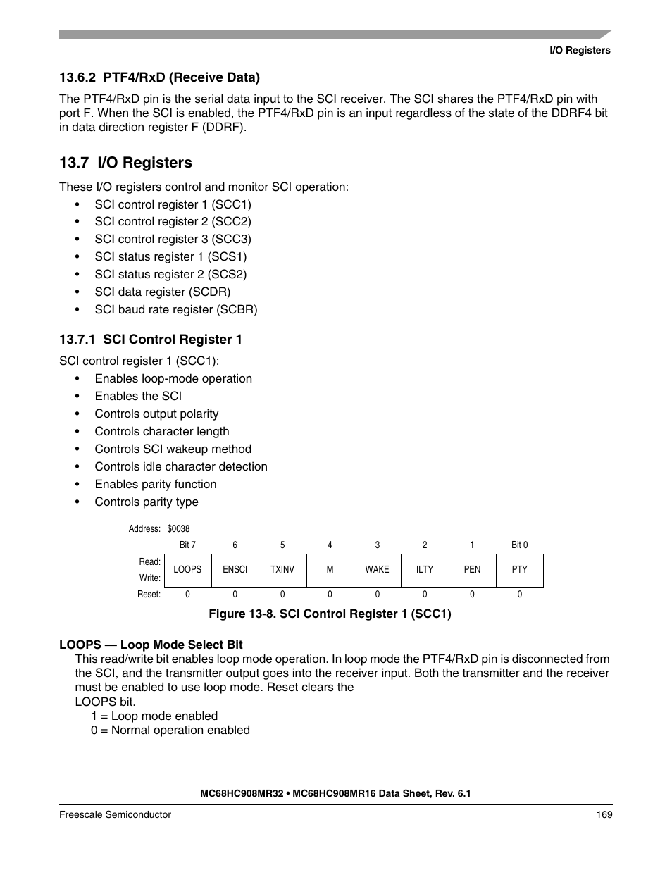 2 ptf4/rxd (receive data), 7 i/o registers, 1 sci control register 1 | Ptf4/rxd (receive data), I/o registers, Sci control register 1 | Freescale Semiconductor MC68HC908MR32 User Manual | Page 169 / 282