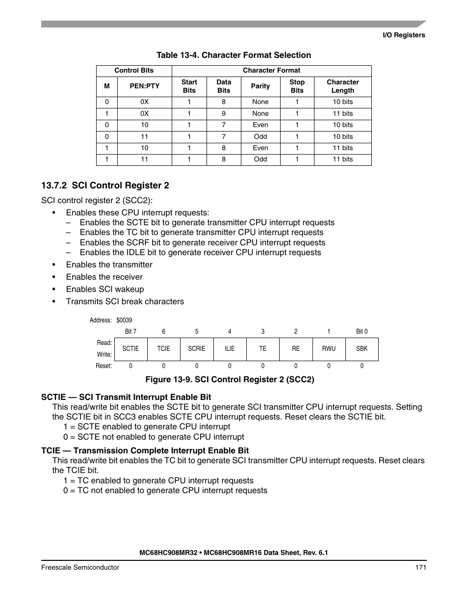 2 sci control register 2, Sci control register 2, Ts long. see | Table 13-4, When, Parity. see, Reset clears the pty bit | Freescale Semiconductor MC68HC908MR32 User Manual | Page 171 / 282