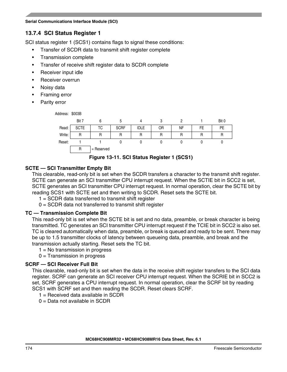 4 sci status register 1, Sci status register 1 | Freescale Semiconductor MC68HC908MR32 User Manual | Page 174 / 282