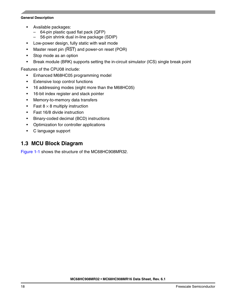 3 mcu block diagram, Mcu block diagram | Freescale Semiconductor MC68HC908MR32 User Manual | Page 18 / 282