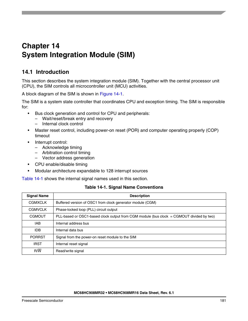 Chapter 14 system integration module (sim), 1 introduction, Chapter 14 | System integration module (sim), Introduction | Freescale Semiconductor MC68HC908MR32 User Manual | Page 181 / 282