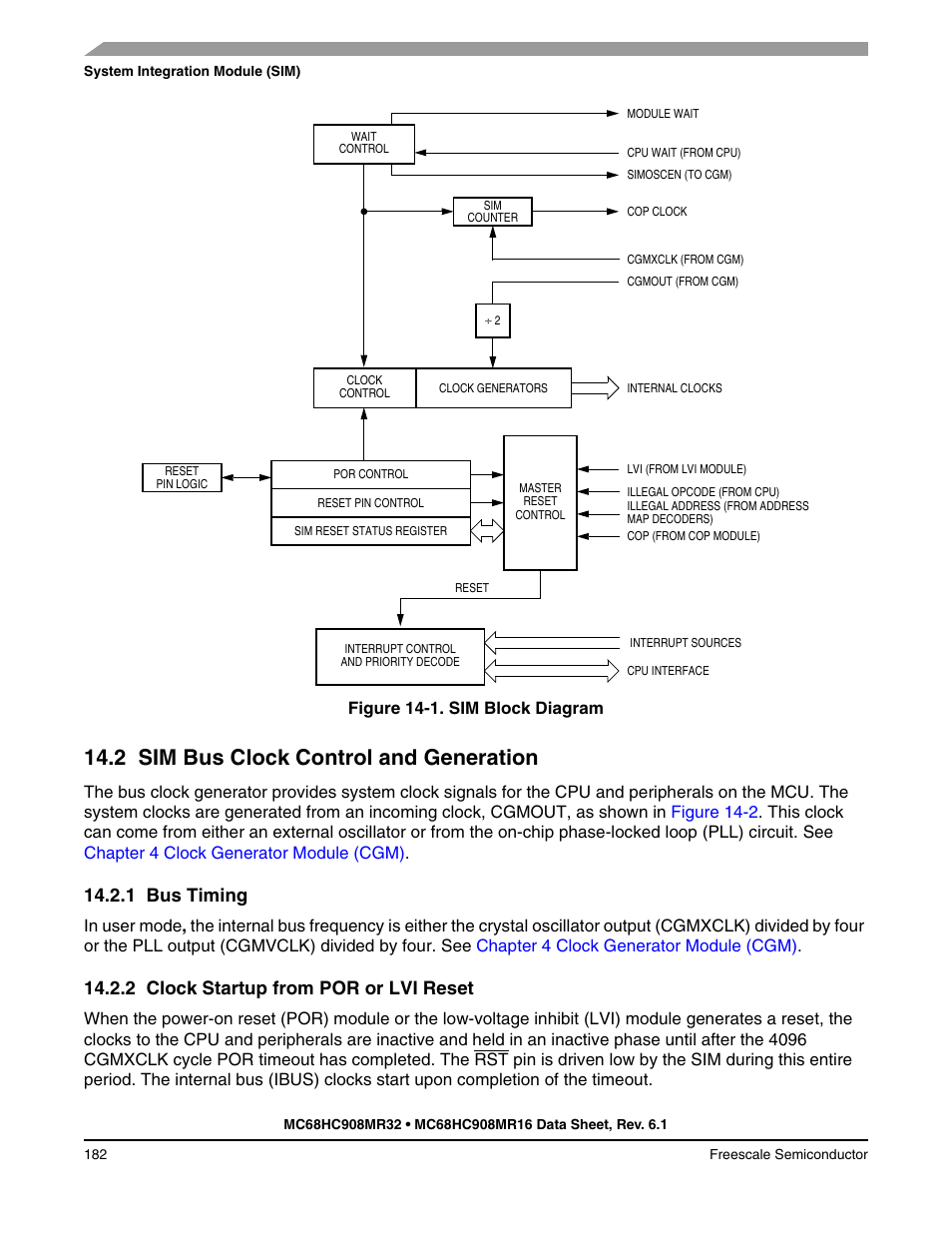 2 sim bus clock control and generation, 1 bus timing, 2 clock startup from por or lvi reset | Sim bus clock control and generation, Bus timing, Clock startup from por or lvi reset | Freescale Semiconductor MC68HC908MR32 User Manual | Page 182 / 282