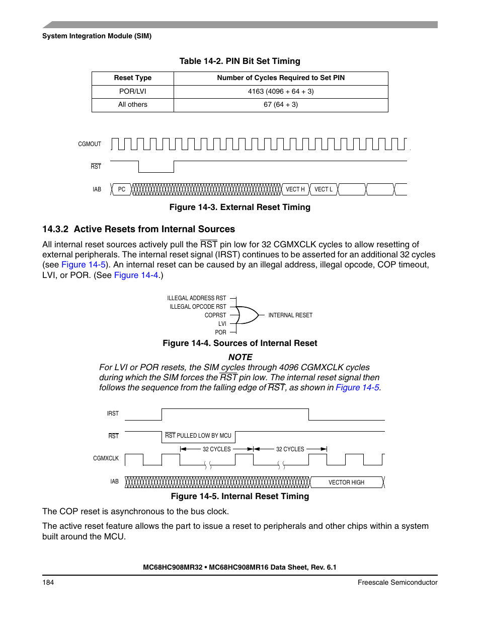 2 active resets from internal sources, Active resets from internal sources, T. see | Table 14-2, Figure 14-3 | Freescale Semiconductor MC68HC908MR32 User Manual | Page 184 / 282