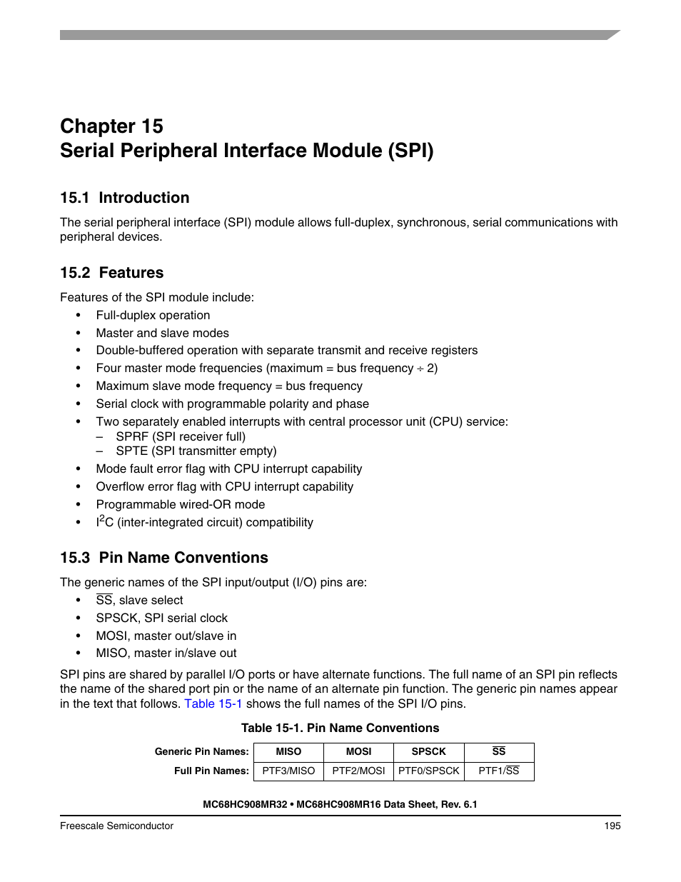 1 introduction, 2 features, 3 pin name conventions | Chapter 15, Serial peripheral interface module (spi), Introduction, Features, Pin name conventions, Rface module (spi). see, Chapter 15 serial | Freescale Semiconductor MC68HC908MR32 User Manual | Page 195 / 282