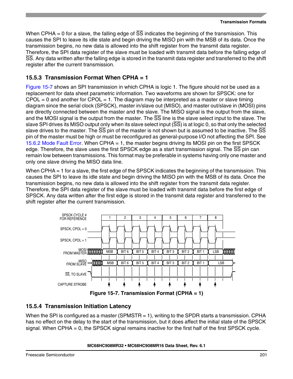 3 transmission format when cpha = 1, 4 transmission initiation latency, Transmission format when cpha = 1 | Transmission initiation latency | Freescale Semiconductor MC68HC908MR32 User Manual | Page 201 / 282