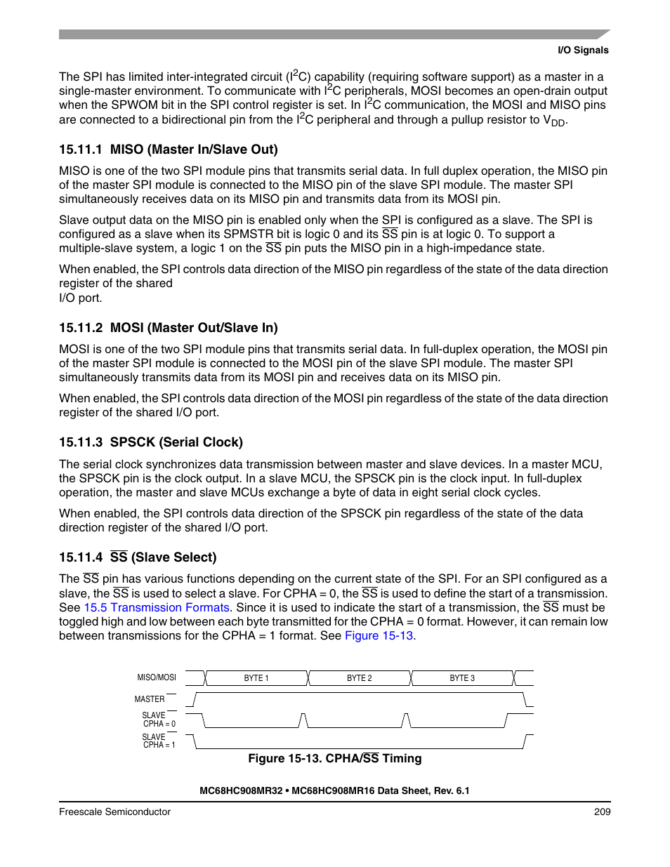 1 miso (master in/slave out), 2 mosi (master out/slave in), 3 spsck (serial clock) | 4 ss (slave select), Miso (master in/slave out), Mosi (master out/slave in), Spsck (serial clock), Ss (slave select) | Freescale Semiconductor MC68HC908MR32 User Manual | Page 209 / 282