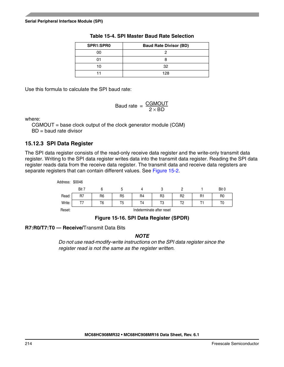 3 spi data register, Spi data register, Table 15-4 | Spr1 and | Freescale Semiconductor MC68HC908MR32 User Manual | Page 214 / 282