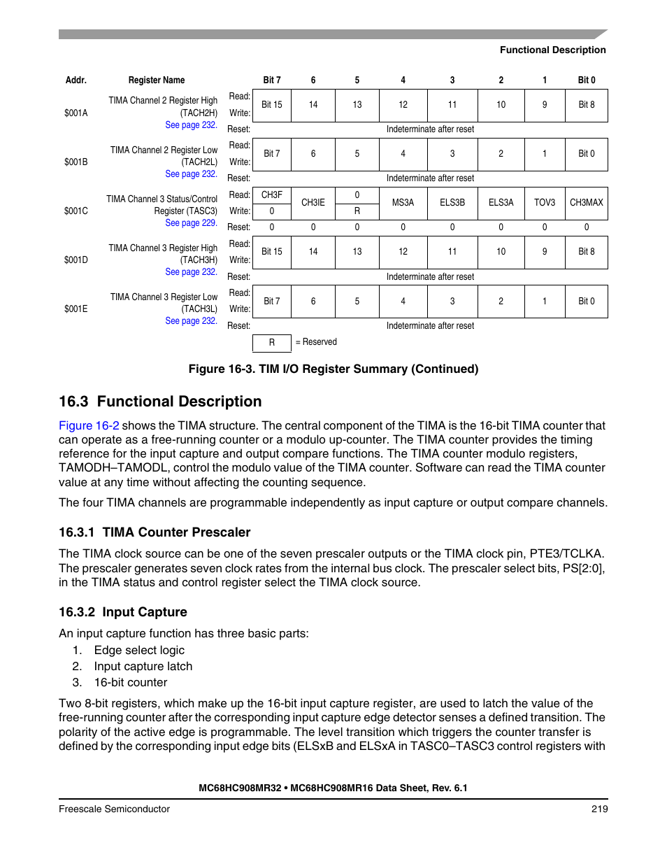 3 functional description, 1 tima counter prescaler, 2 input capture | Functional description, Tima counter prescaler, Input capture | Freescale Semiconductor MC68HC908MR32 User Manual | Page 219 / 282