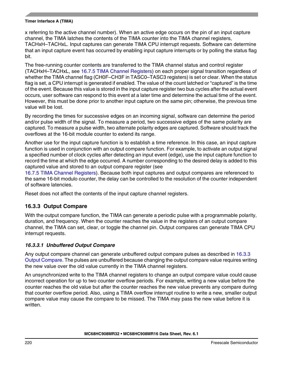 3 output compare, 1 unbuffered output compare, Output compare | Unbuffered output compare | Freescale Semiconductor MC68HC908MR32 User Manual | Page 220 / 282