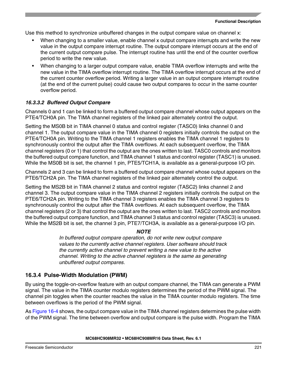 2 buffered output compare, 4 pulse-width modulation (pwm), Buffered output compare | Pulse-width modulation (pwm) | Freescale Semiconductor MC68HC908MR32 User Manual | Page 221 / 282