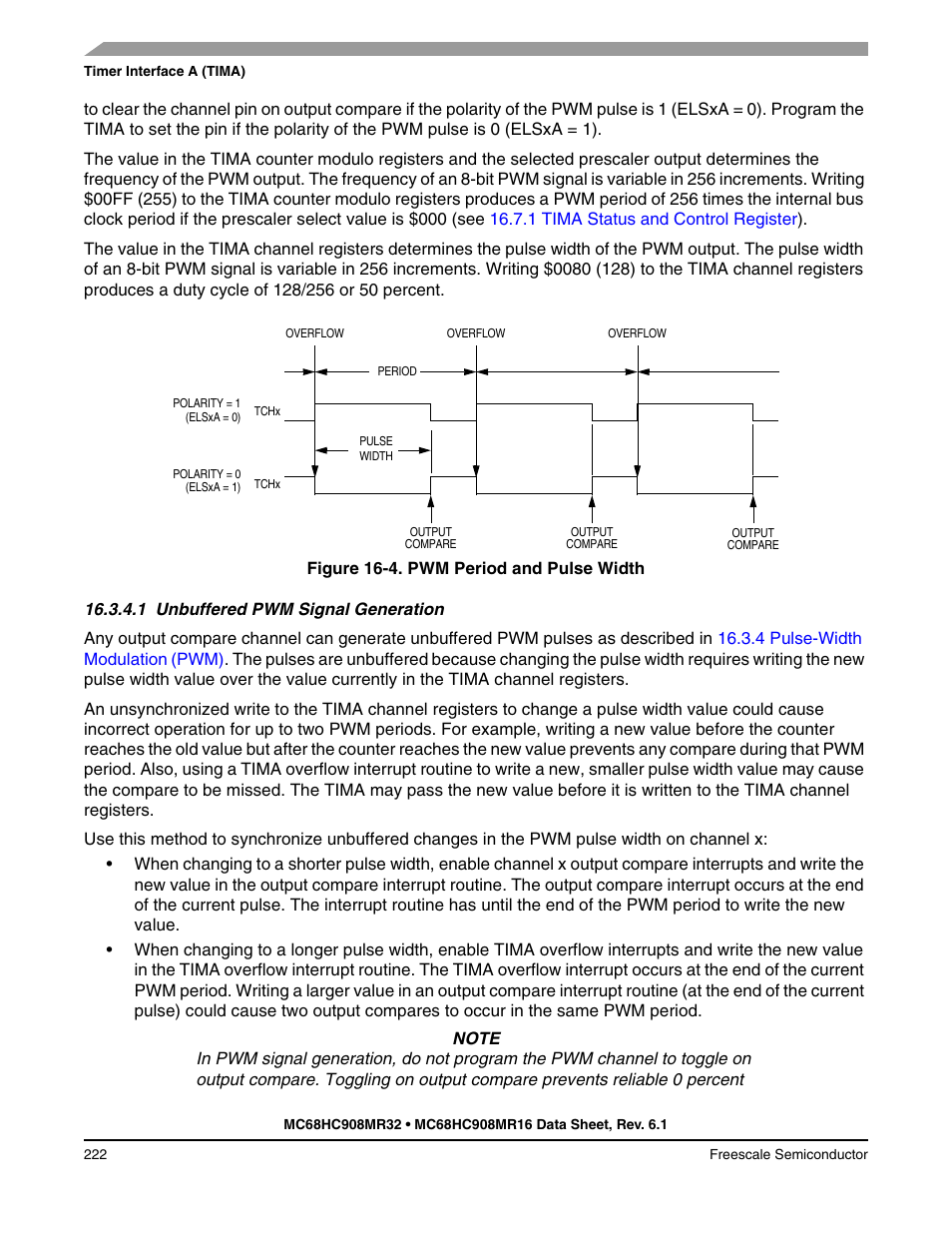 1 unbuffered pwm signal generation, Unbuffered pwm signal generation | Freescale Semiconductor MC68HC908MR32 User Manual | Page 222 / 282