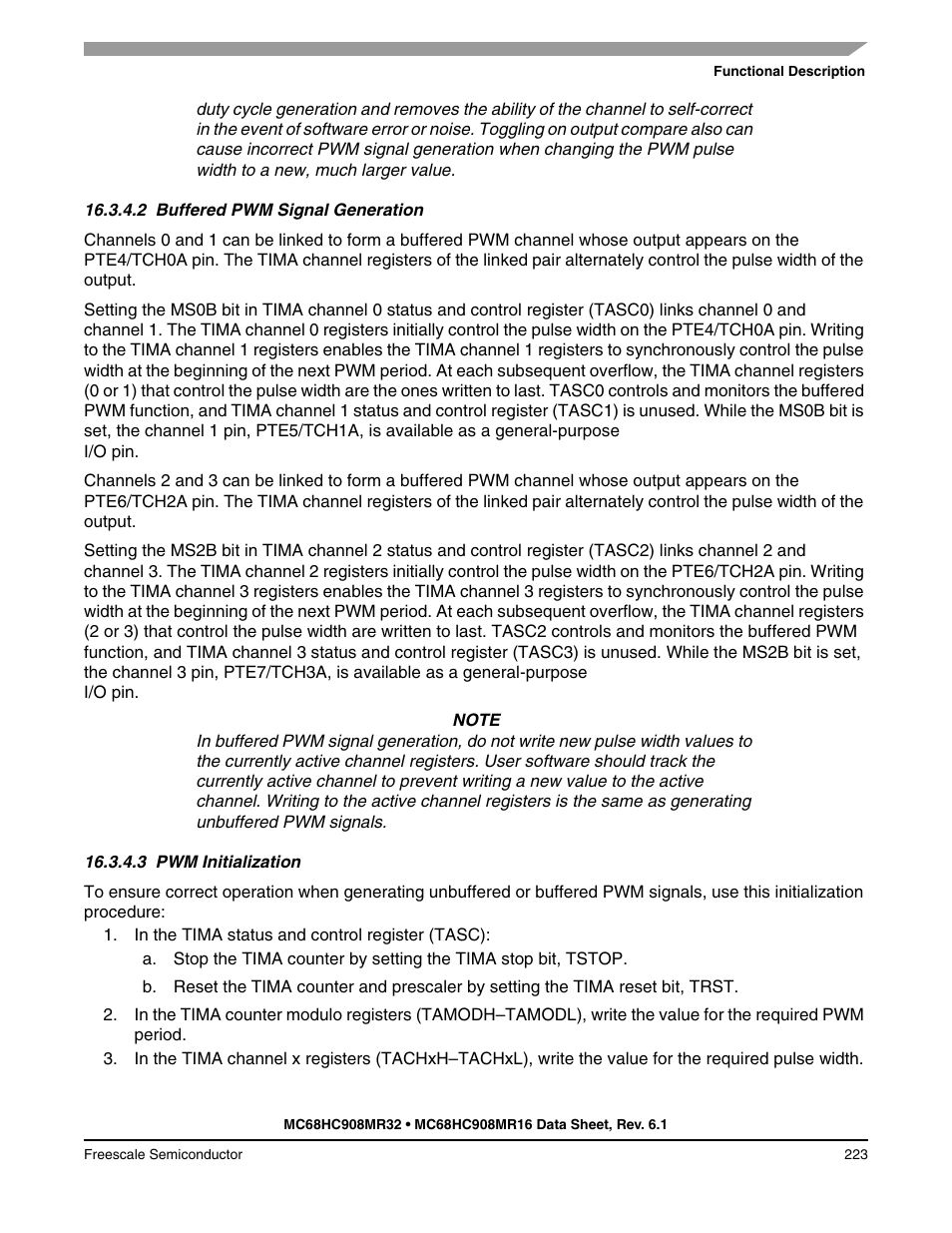 2 buffered pwm signal generation, 3 pwm initialization, Buffered pwm signal generation | Pwm initialization | Freescale Semiconductor MC68HC908MR32 User Manual | Page 223 / 282