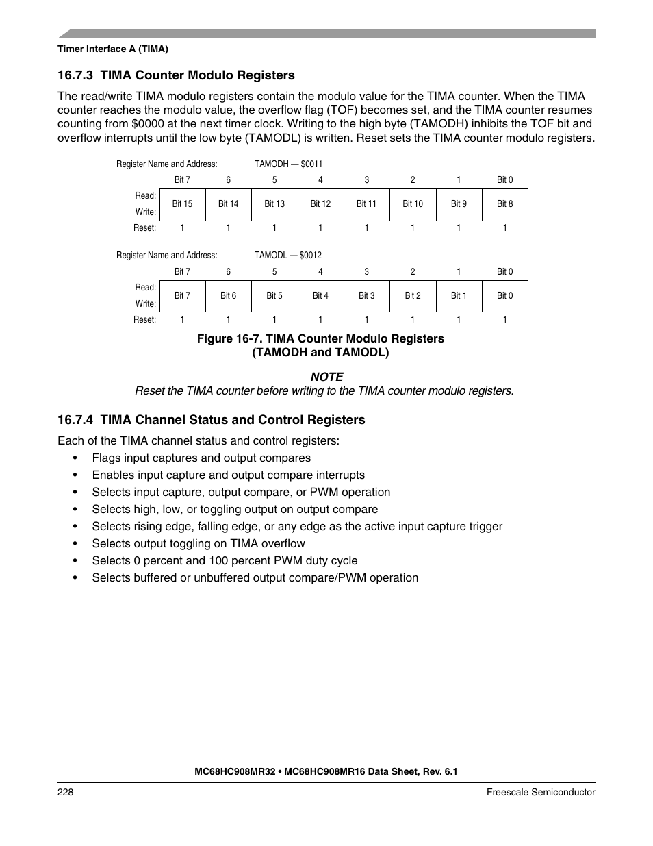 3 tima counter modulo registers, 4 tima channel status and control registers, Tima counter modulo registers | Tima channel status and control registers | Freescale Semiconductor MC68HC908MR32 User Manual | Page 228 / 282