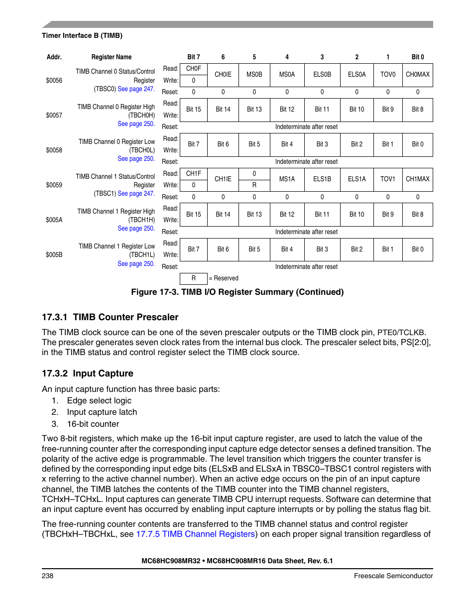 1 timb counter prescaler, 2 input capture, Timb counter prescaler | Input capture | Freescale Semiconductor MC68HC908MR32 User Manual | Page 238 / 282