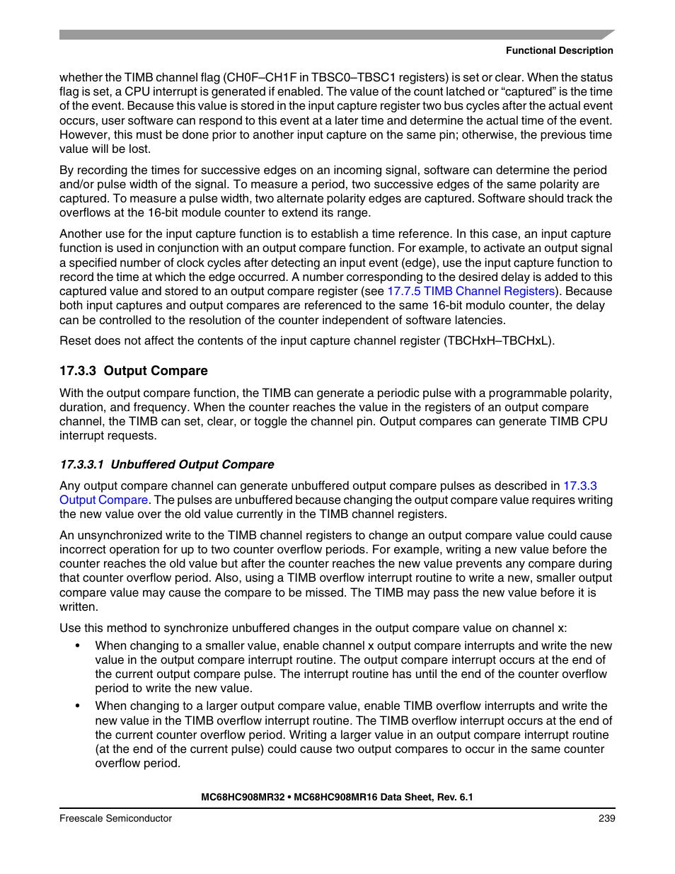 3 output compare, 1 unbuffered output compare, Output compare | Unbuffered output compare | Freescale Semiconductor MC68HC908MR32 User Manual | Page 239 / 282