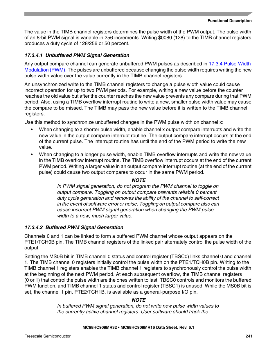 1 unbuffered pwm signal generation, 2 buffered pwm signal generation, Unbuffered pwm signal generation | Buffered pwm signal generation | Freescale Semiconductor MC68HC908MR32 User Manual | Page 241 / 282