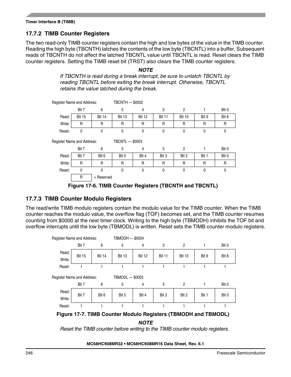 2 timb counter registers, 3 timb counter modulo registers, Timb counter registers | Timb counter modulo registers | Freescale Semiconductor MC68HC908MR32 User Manual | Page 246 / 282