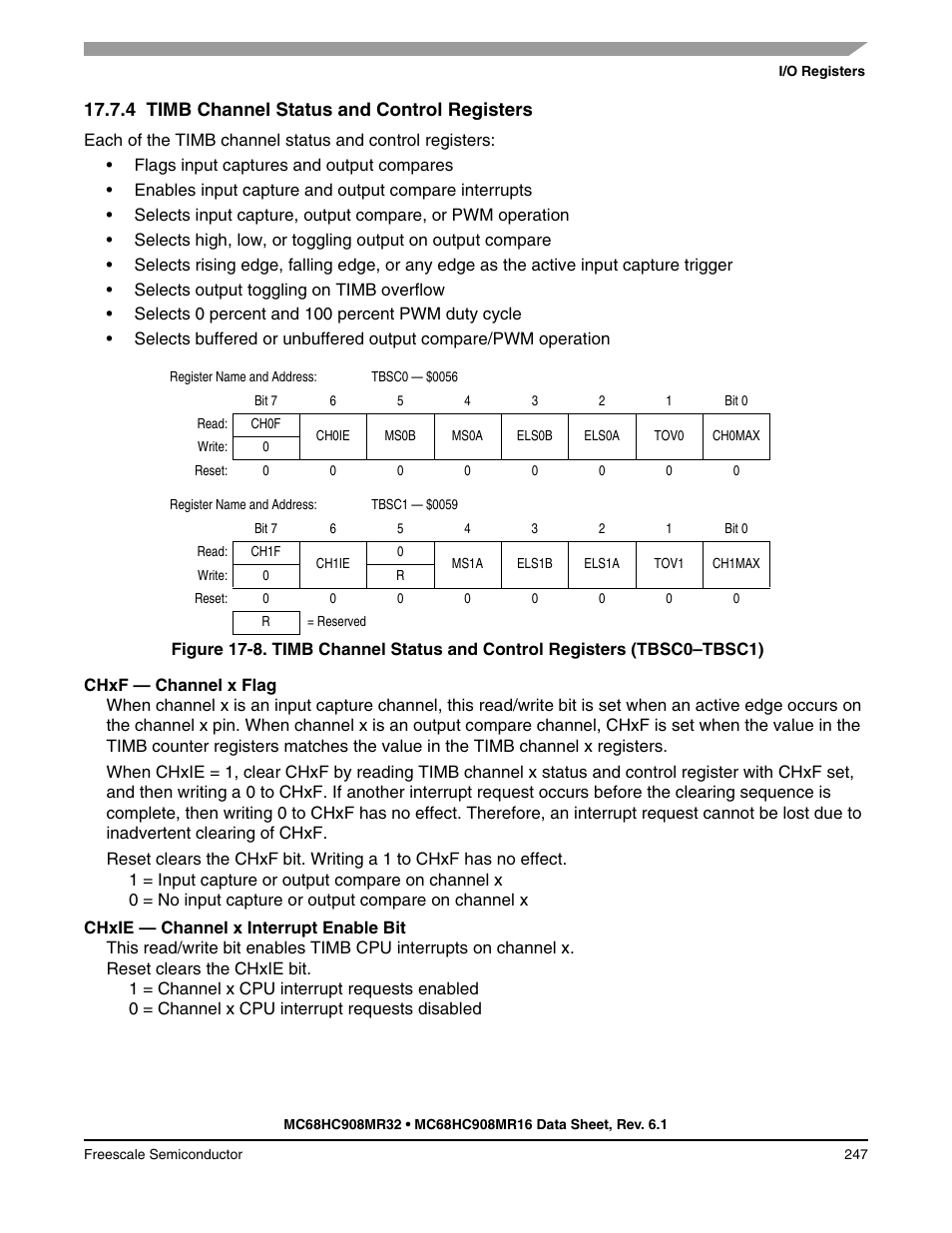 4 timb channel status and control registers, Timb channel status and control registers | Freescale Semiconductor MC68HC908MR32 User Manual | Page 247 / 282