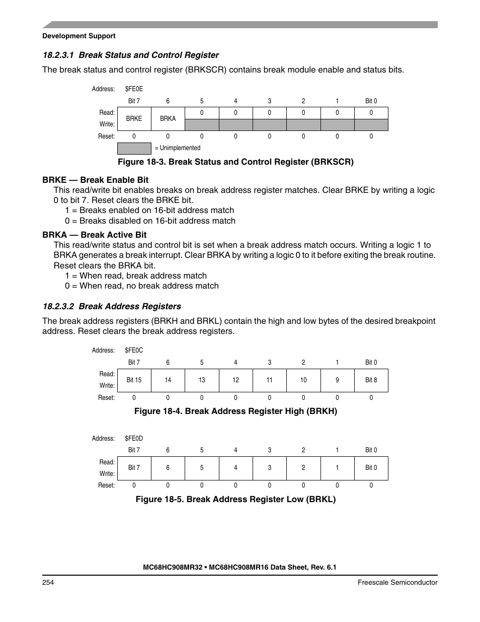 1 break status and control register, 2 break address registers, Break status and control register | Break address registers | Freescale Semiconductor MC68HC908MR32 User Manual | Page 254 / 282