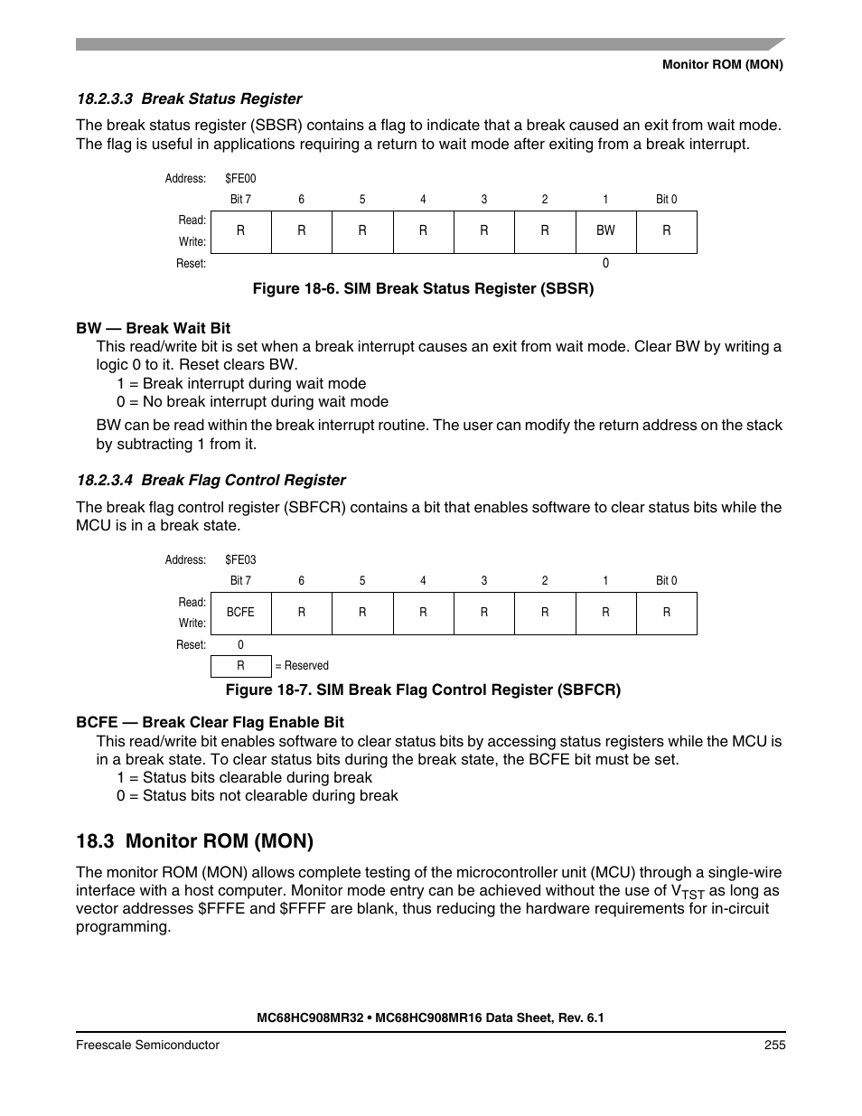 3 break status register, 4 tbreak flag control register, 3 monitor rom (mon) | Break status register, Break flag control register, Monitor rom (mon) | Freescale Semiconductor MC68HC908MR32 User Manual | Page 255 / 282