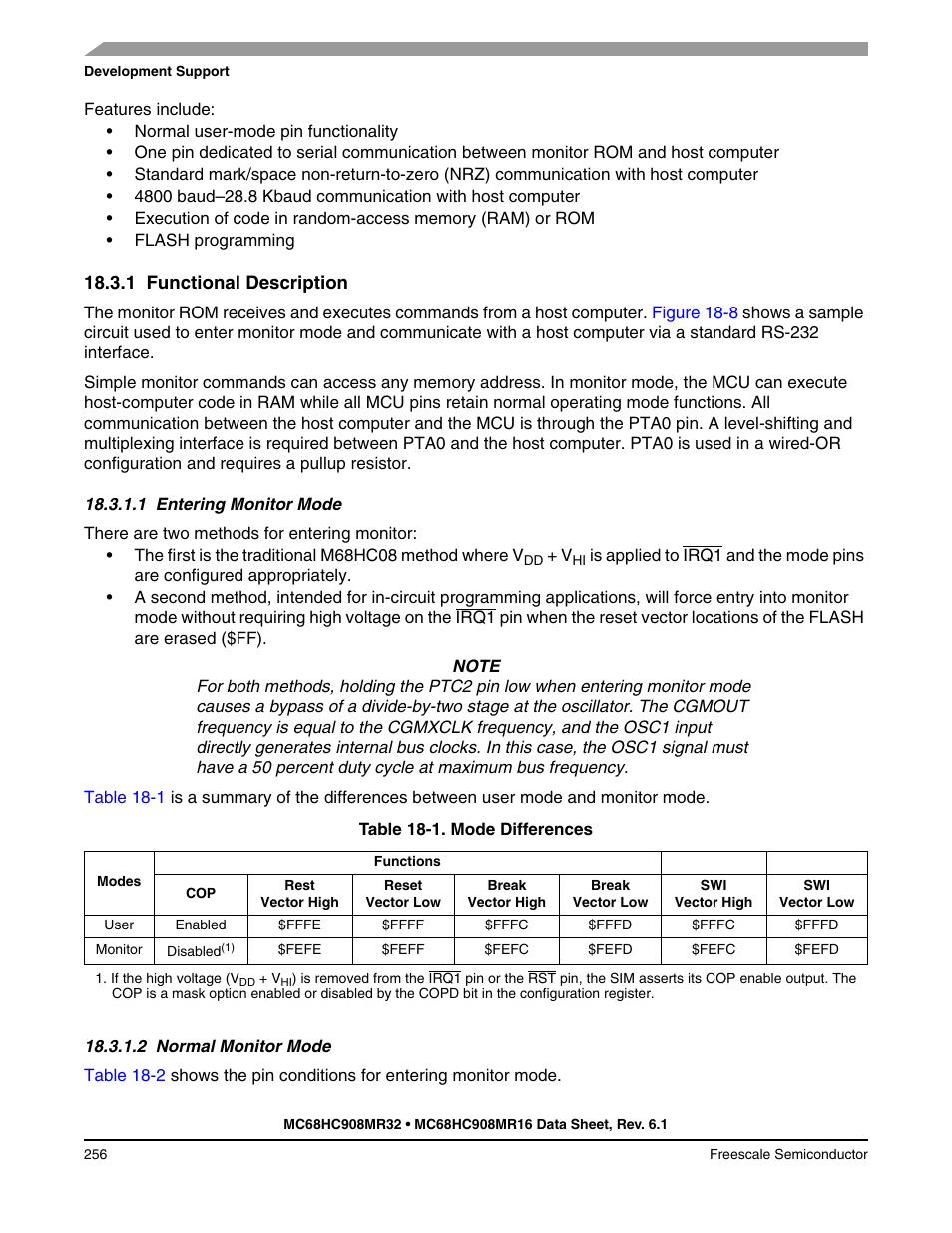 1 functional description, 1 entering monitor mode, 2 normal monitor mode | Functional description, Entering monitor mode, Normal monitor mode | Freescale Semiconductor MC68HC908MR32 User Manual | Page 256 / 282