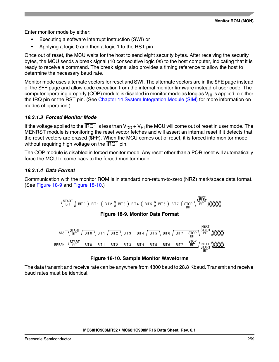 3 forced monitor mode, 4 data format, Forced monitor mode | Data format | Freescale Semiconductor MC68HC908MR32 User Manual | Page 259 / 282