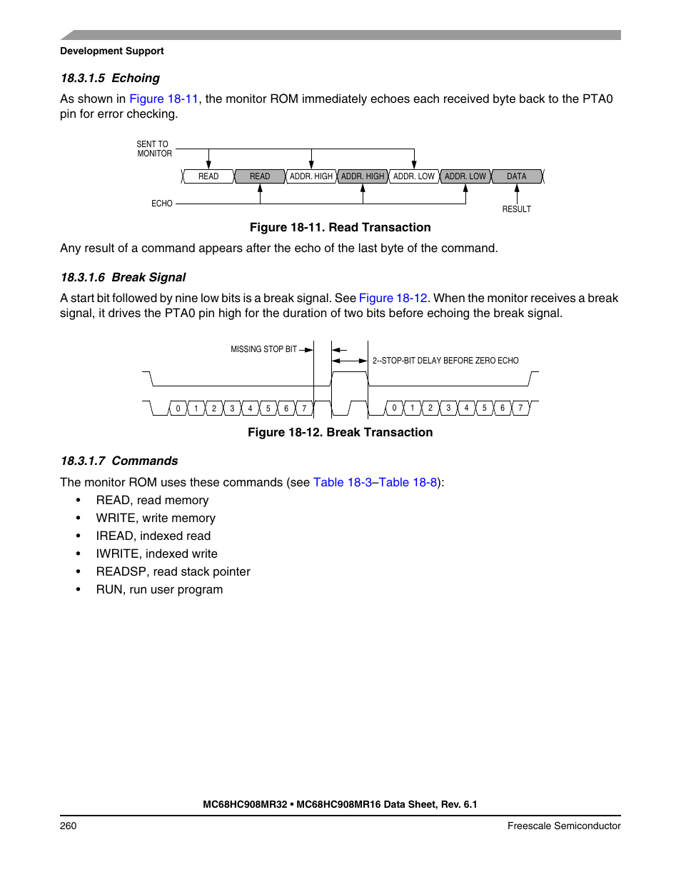 5 echoing, 6 break signal, 7 commands | Echoing, Break signal, Commands | Freescale Semiconductor MC68HC908MR32 User Manual | Page 260 / 282