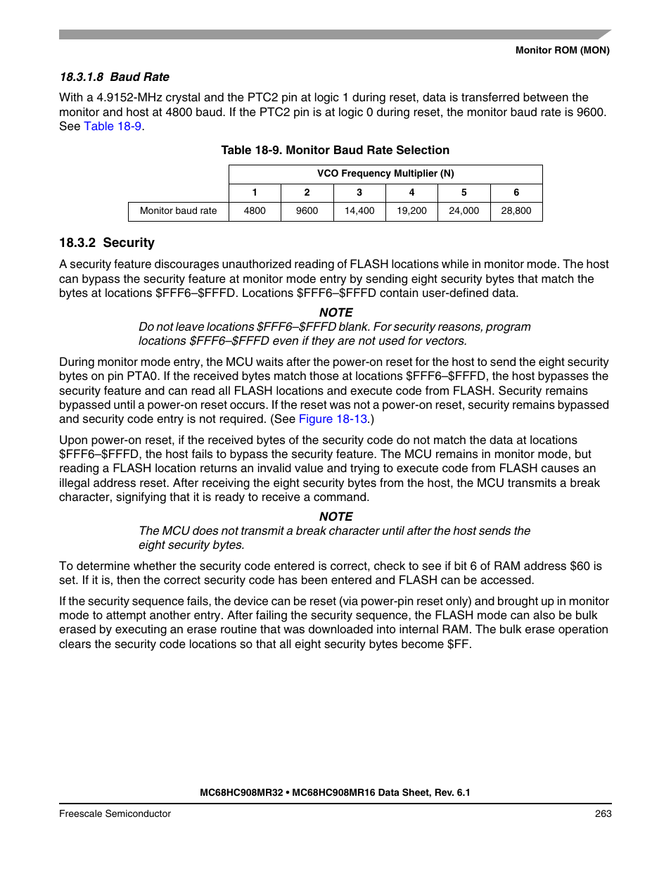 8 baud rate, 2 security, Baud rate | Security | Freescale Semiconductor MC68HC908MR32 User Manual | Page 263 / 282