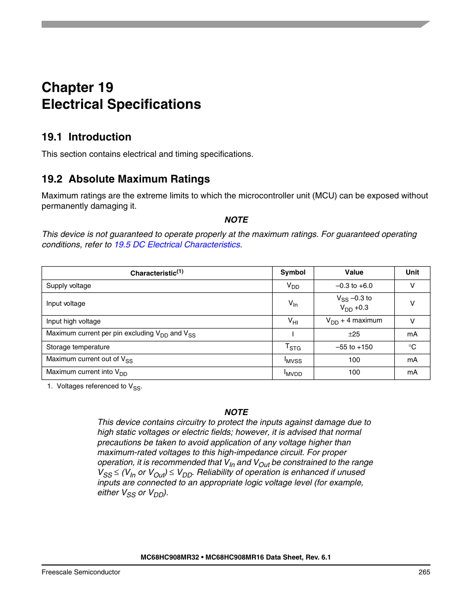 Chapter 19 electrical specifications, 1 introduction, 2 absolute maximum ratings | Chapter 19, Electrical specifications, Introduction, Absolute maximum ratings | Freescale Semiconductor MC68HC908MR32 User Manual | Page 265 / 282