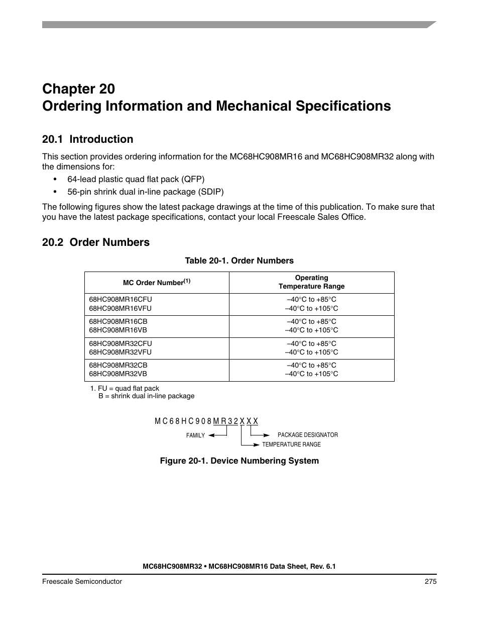 1 introduction, 2 order numbers, Chapter 20 | Ordering information and mechanical specifications, Introduction, Order numbers | Freescale Semiconductor MC68HC908MR32 User Manual | Page 275 / 282