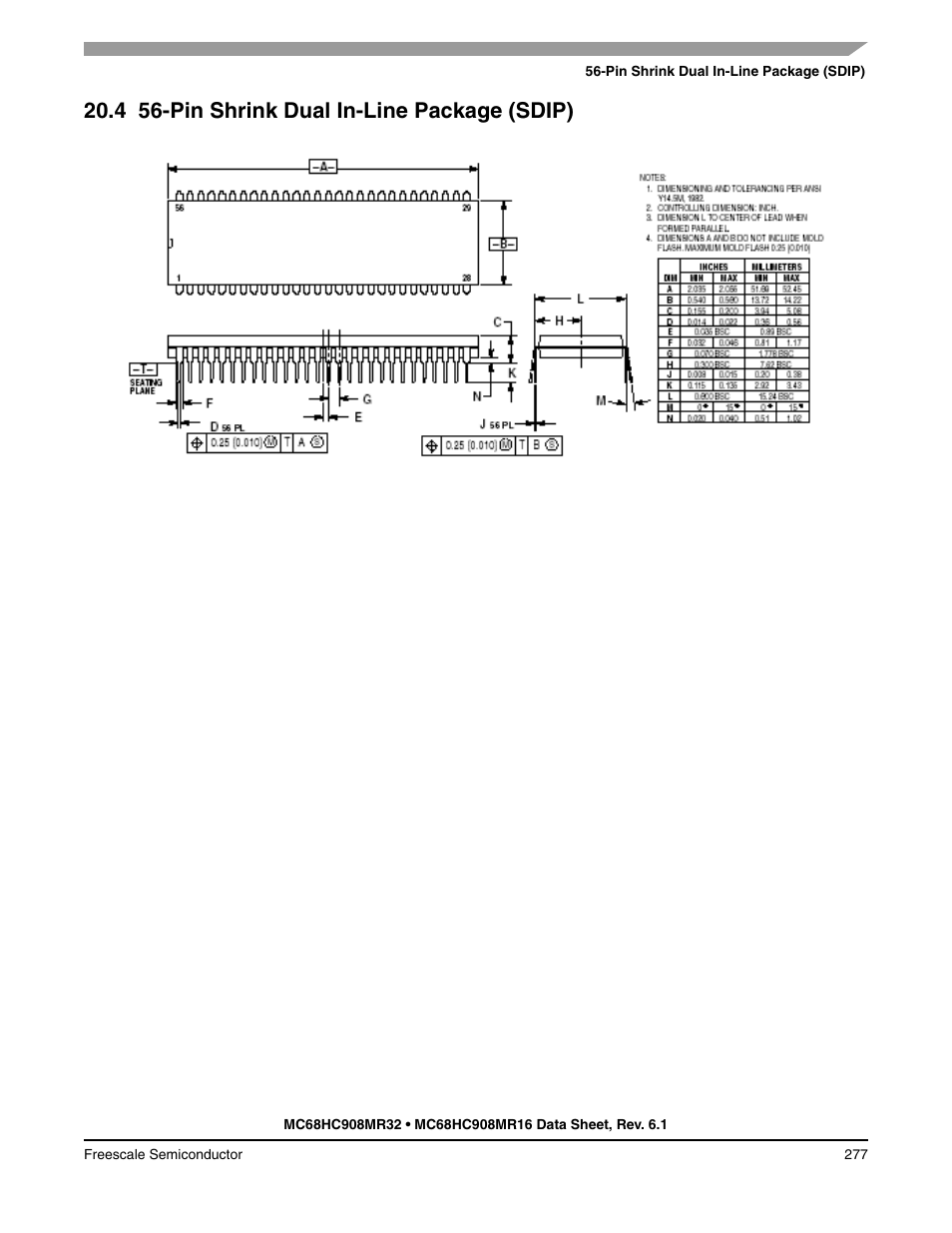 4 56-pin shrink dual in-line package (sdip), Pin shrink dual in-line package (sdip) | Freescale Semiconductor MC68HC908MR32 User Manual | Page 277 / 282