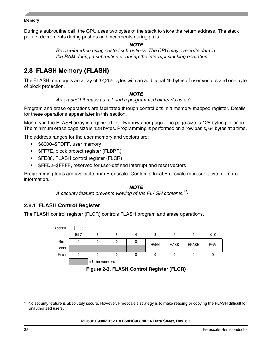 8 flash memory (flash), 1 flash control register, Flash memory (flash) | Flash control register | Freescale Semiconductor MC68HC908MR32 User Manual | Page 38 / 282