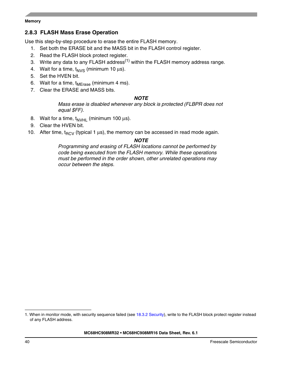 3 flash mass erase operation, Flash mass erase operation | Freescale Semiconductor MC68HC908MR32 User Manual | Page 40 / 282