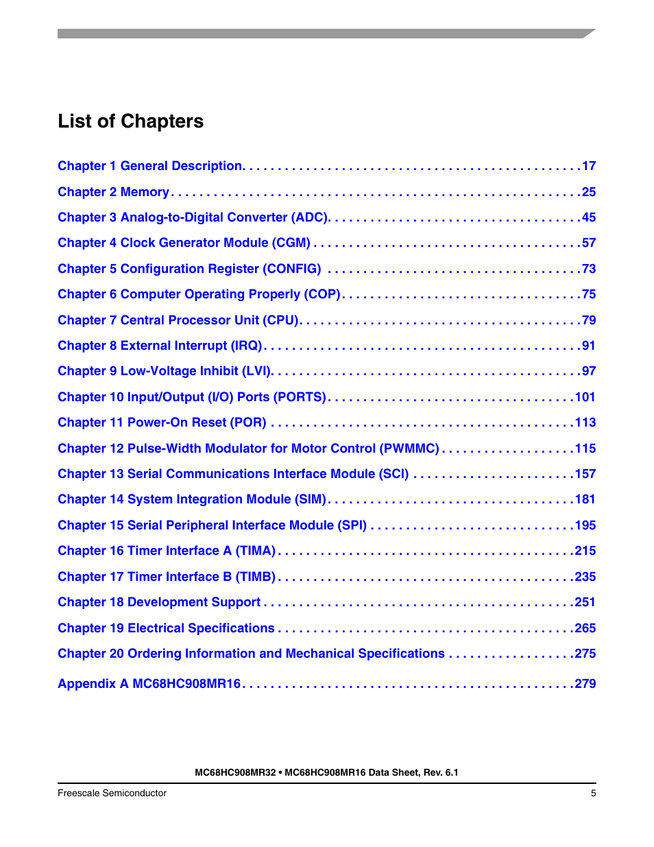 List of chapters | Freescale Semiconductor MC68HC908MR32 User Manual | Page 5 / 282