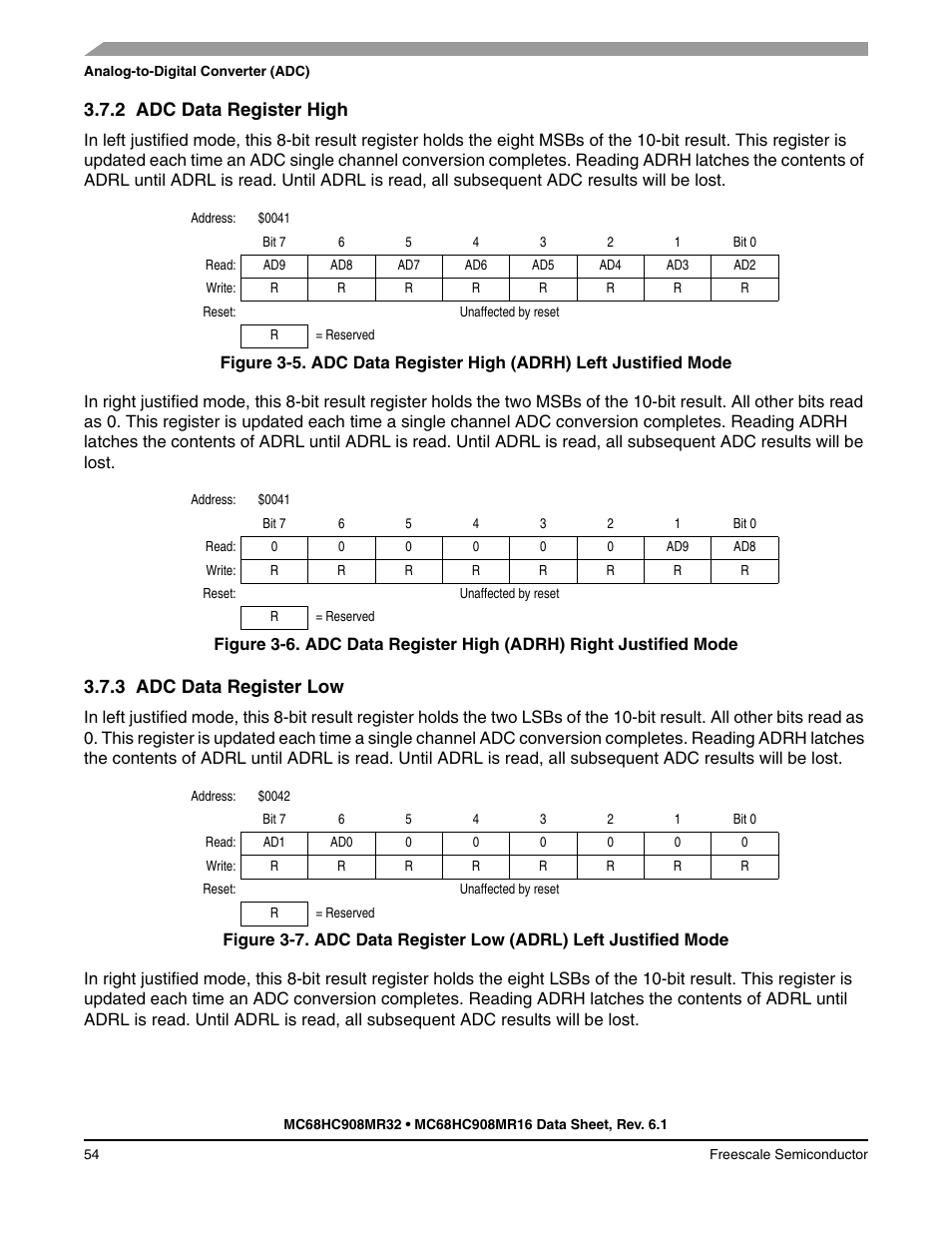 2 adc data register high, 3 adc data register low, Adc data register high | Adc data register low | Freescale Semiconductor MC68HC908MR32 User Manual | Page 54 / 282