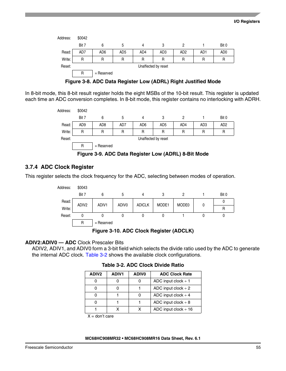 4 adc clock register, Adc clock register | Freescale Semiconductor MC68HC908MR32 User Manual | Page 55 / 282