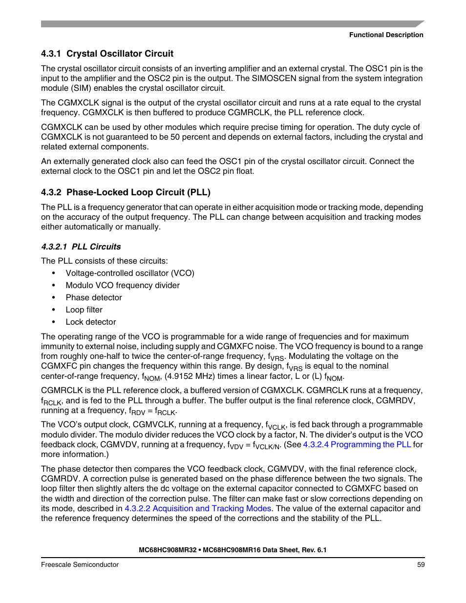 1 crystal oscillator circuit, 2 phase-locked loop circuit (pll), 1 pll circuits | Crystal oscillator circuit, Phase-locked loop circuit (pll), Pll circuits | Freescale Semiconductor MC68HC908MR32 User Manual | Page 59 / 282