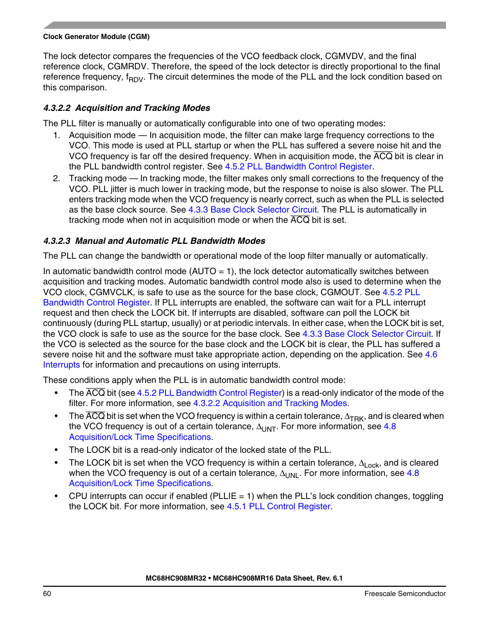 2 acquisition and tracking modes, 3 manual and automatic pll bandwidth modes, Acquisition and tracking modes | Manual and automatic pll bandwidth modes | Freescale Semiconductor MC68HC908MR32 User Manual | Page 60 / 282