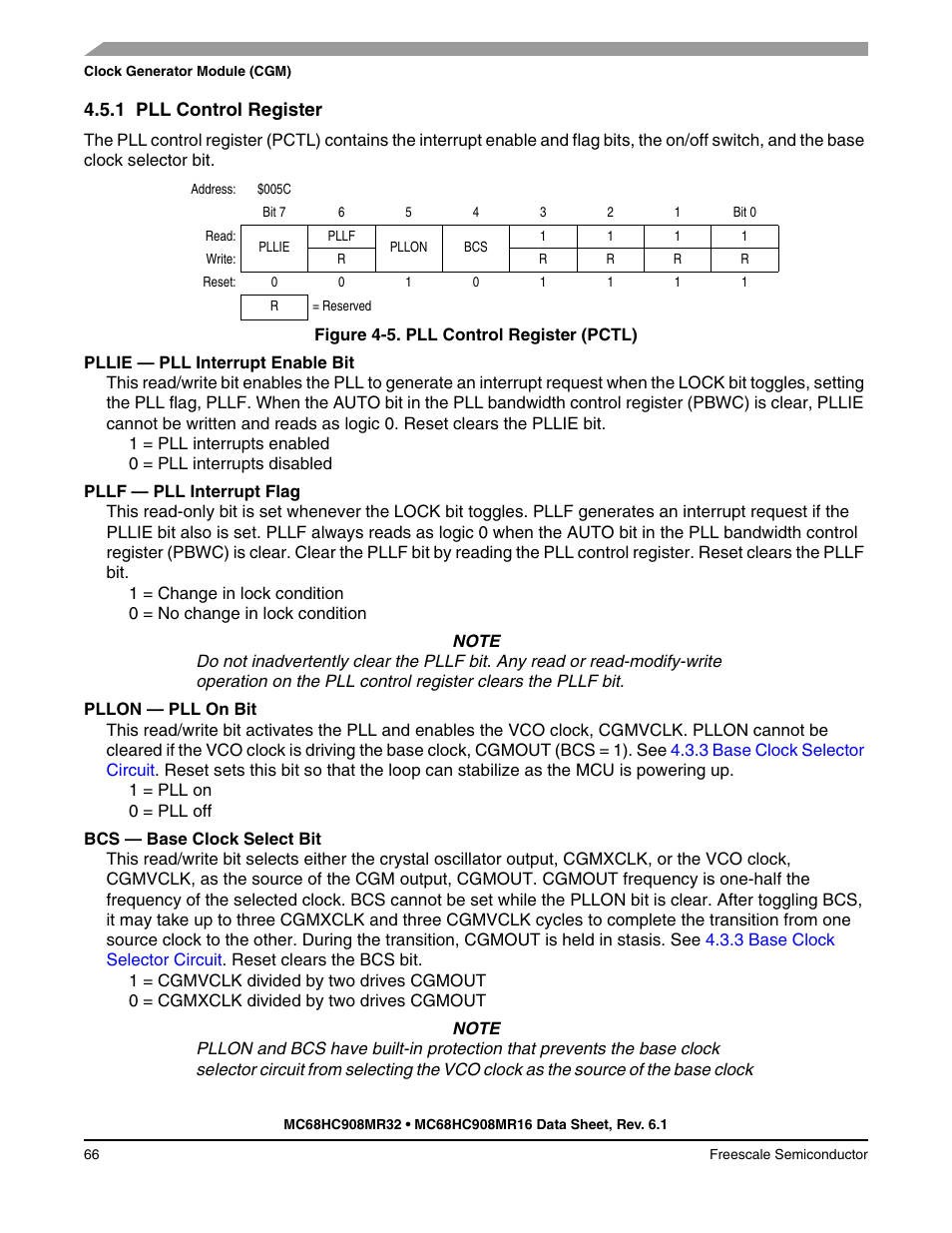 1 pll control register, Pll control register, The lock bit. for more information, see | Freescale Semiconductor MC68HC908MR32 User Manual | Page 66 / 282