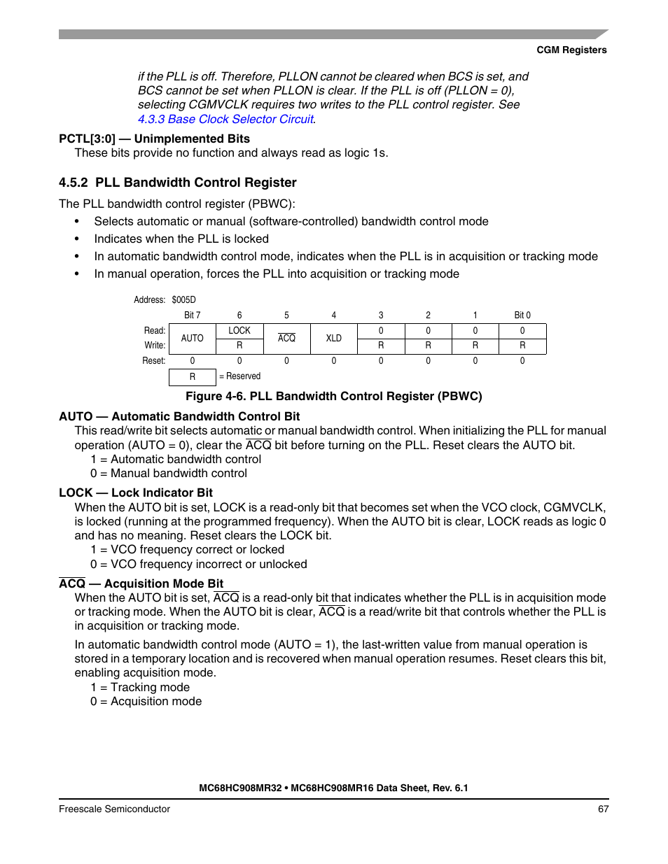 2 pll bandwidth control register, Pll bandwidth control register, Se clock, cgmout. see | 2 pll, Bandwidth control register, If pll interrup, T (see | Freescale Semiconductor MC68HC908MR32 User Manual | Page 67 / 282