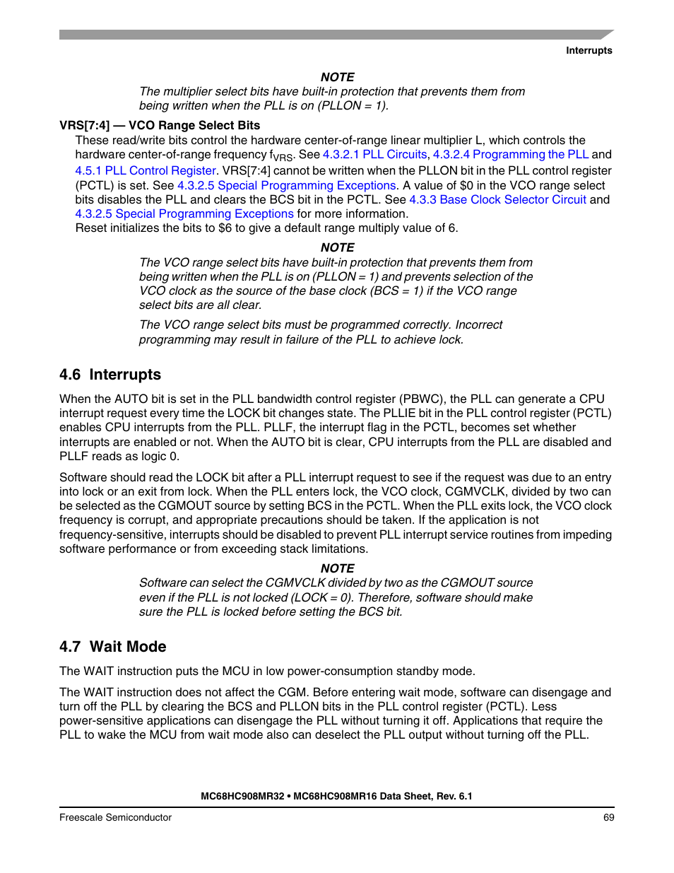 6 interrupts, 7 wait mode, Interrupts | Wait mode, Plication. see | Freescale Semiconductor MC68HC908MR32 User Manual | Page 69 / 282