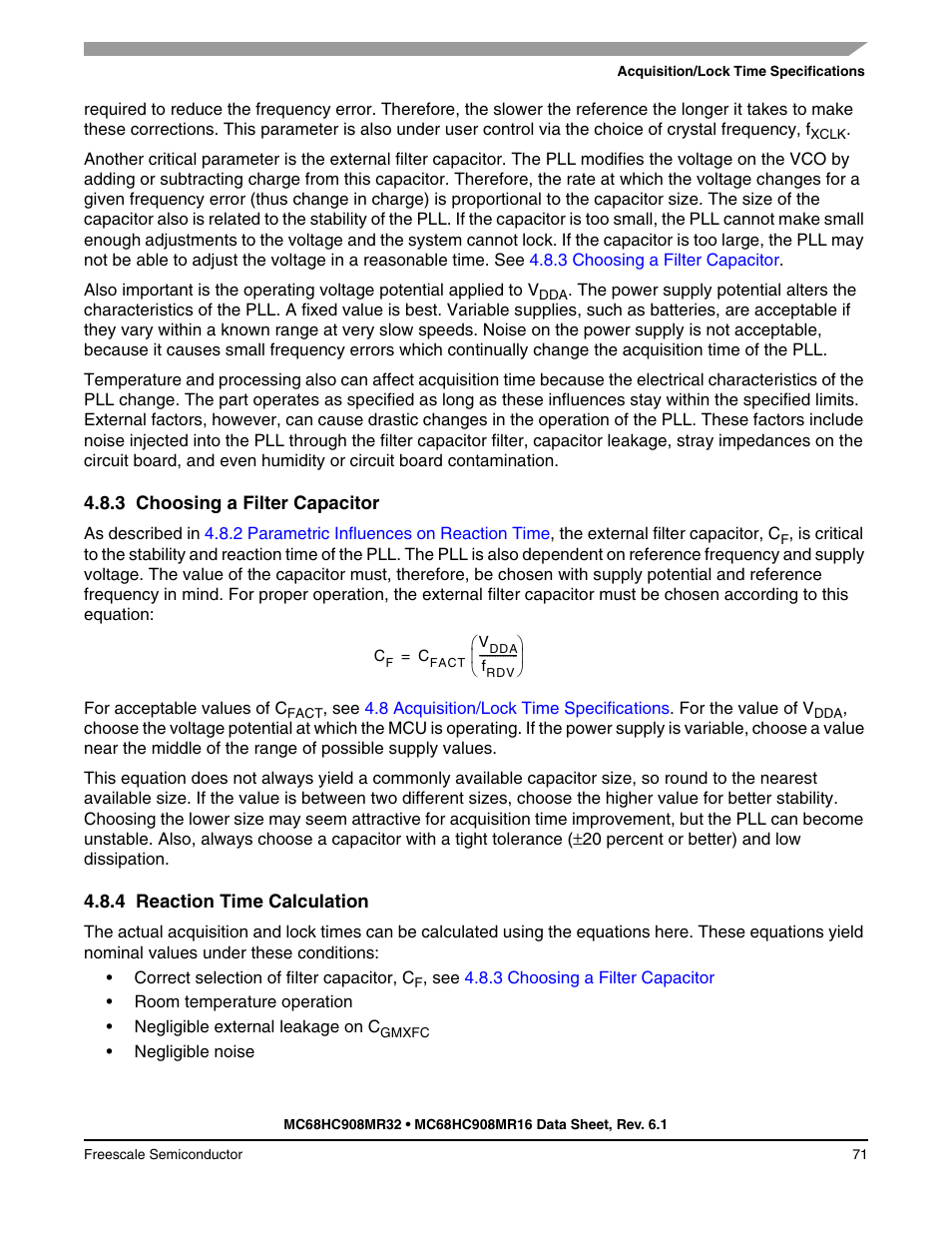 3 choosing a filter capacitor, 4 reaction time calculation, Choosing a filter capacitor | Reaction time calculation | Freescale Semiconductor MC68HC908MR32 User Manual | Page 71 / 282