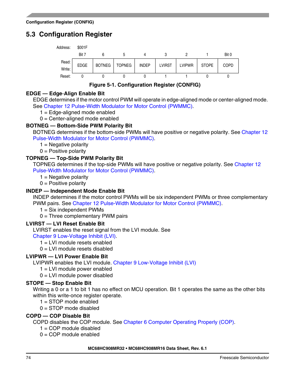 3 configuration register, Configuration register | Freescale Semiconductor MC68HC908MR32 User Manual | Page 74 / 282