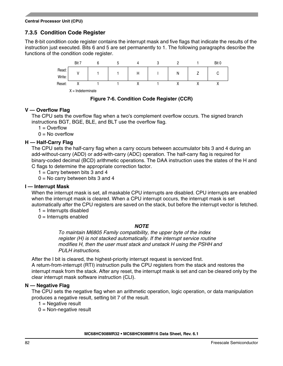 5 condition code register, Condition code register | Freescale Semiconductor MC68HC908MR32 User Manual | Page 82 / 282