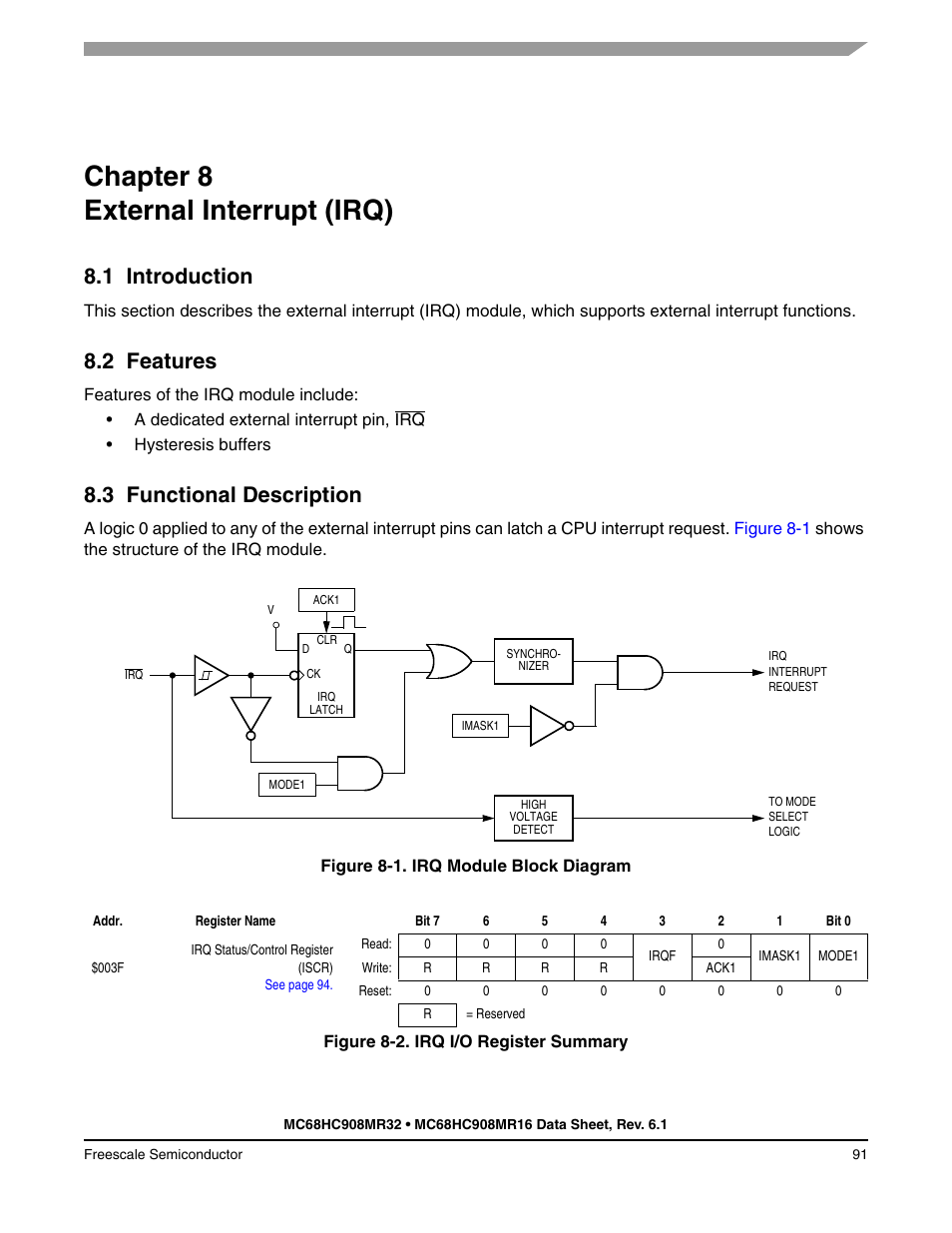 Chapter 8 external interrupt (irq), 1 introduction, 2 features | 3 functional description, Chapter 8, External interrupt (irq), Introduction, Features, Functional description | Freescale Semiconductor MC68HC908MR32 User Manual | Page 91 / 282