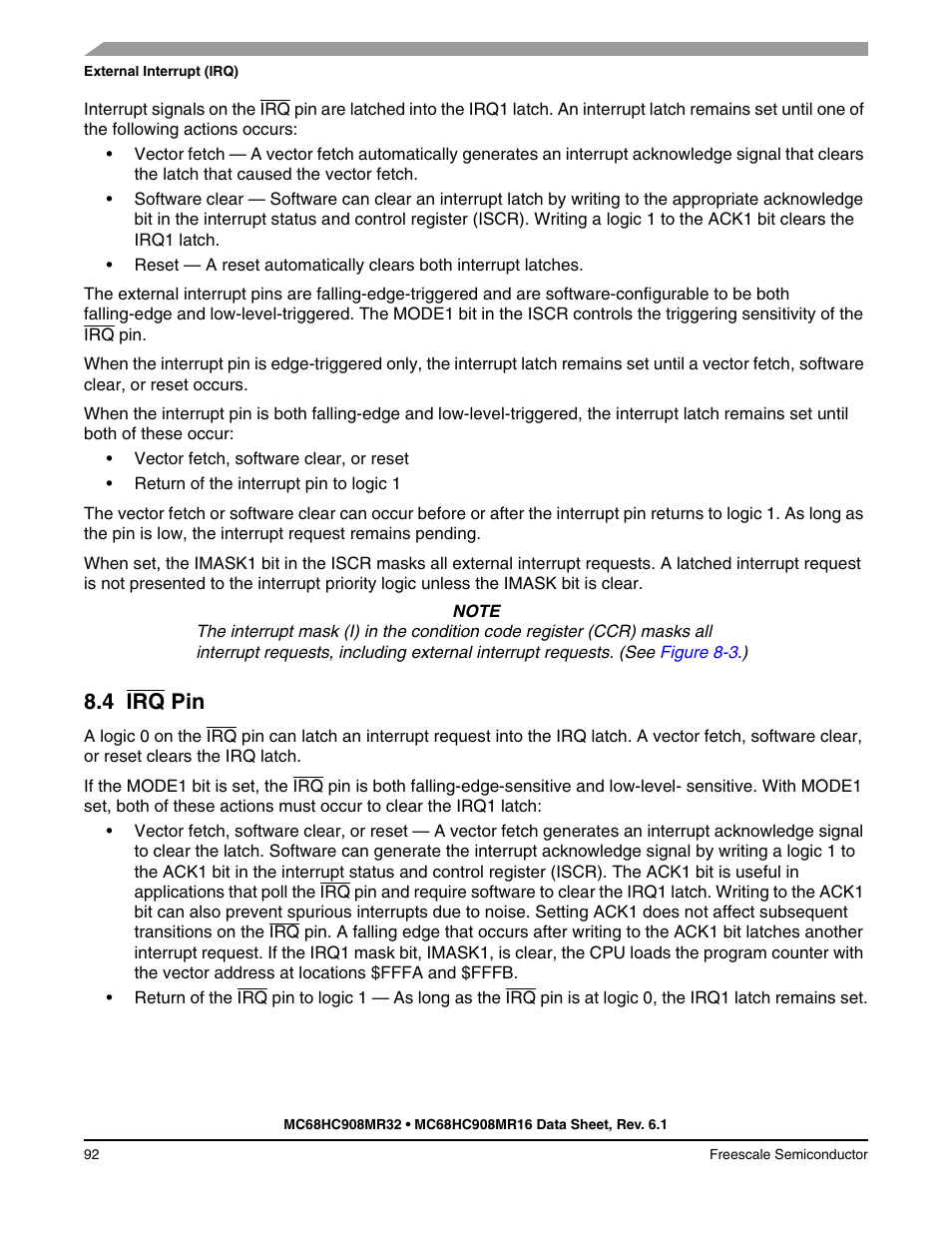 4 irq pin, Irq pin | Freescale Semiconductor MC68HC908MR32 User Manual | Page 92 / 282